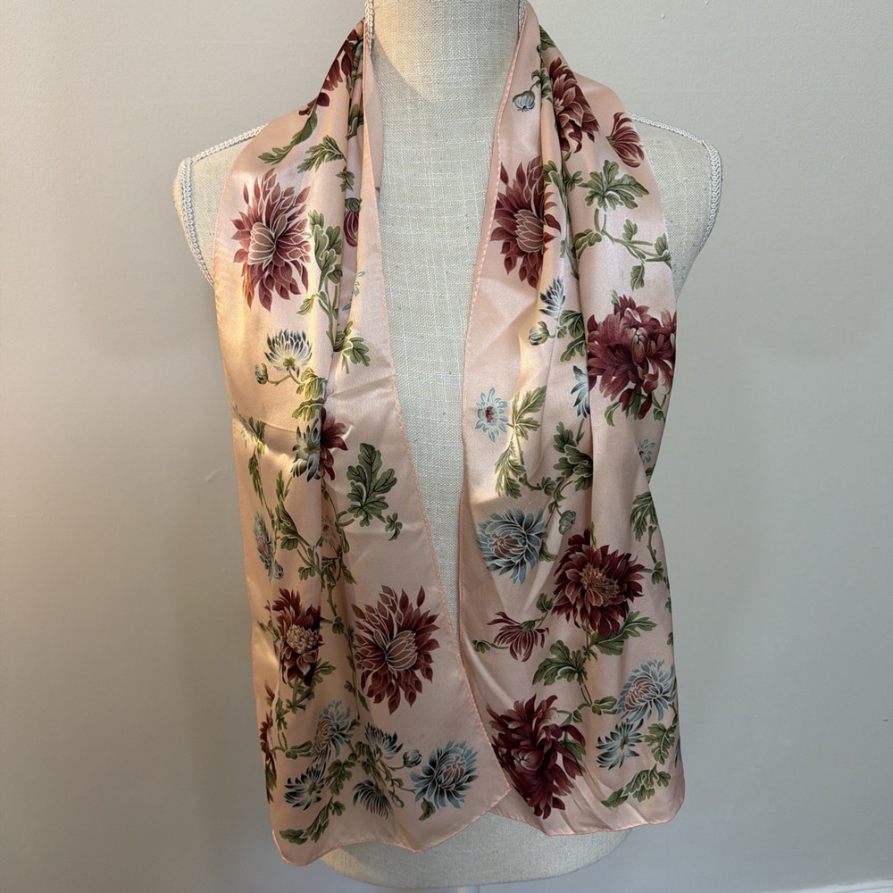 Pale Pink Silk Scarf With Deep Red Chrysanthemums & Green Foliage